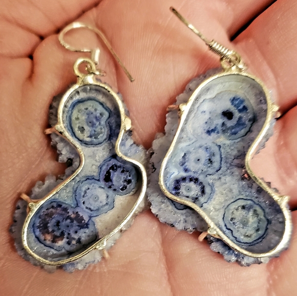 New Oversized Blue Solar Quartz Agate Silver Earrings. - Picture 13 of 14